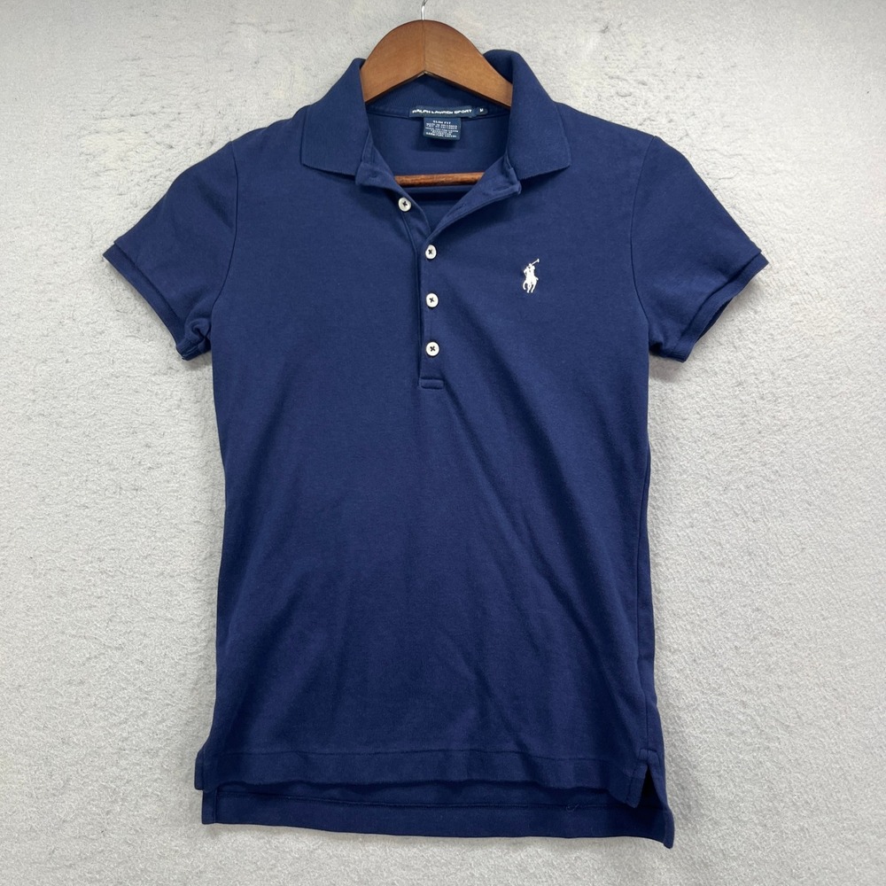 Ralph Lauren Sport Polo Shirt Womens Medium Navy Blue Slim Fit Short Sleeve Y2K